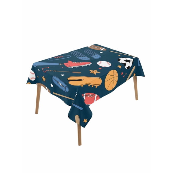Sports Theme Rectangle Tablecloth, Cartoon Soccer Baseball Basketball Star Blue Waterproof & StainResistant Tablecloth, Oil-proof Table Cover for Dining/Party/Wedding/Camping/Buffet 60x102 In