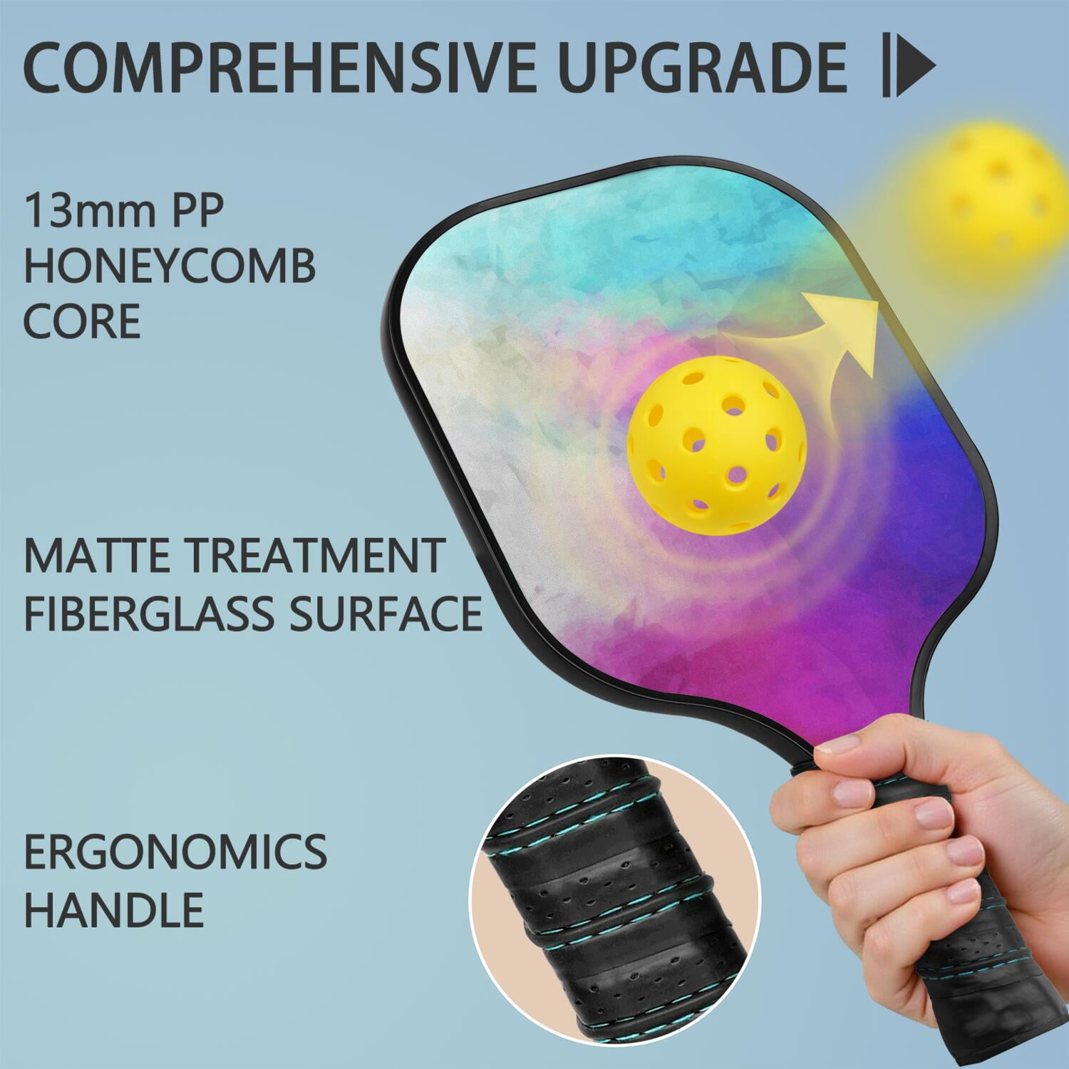 Pickleball Paddles Set Of 1, Fiberglass Surface, Fluid Smoke Aurora Art Style, 1 Paddle, 2 Balls & Bag