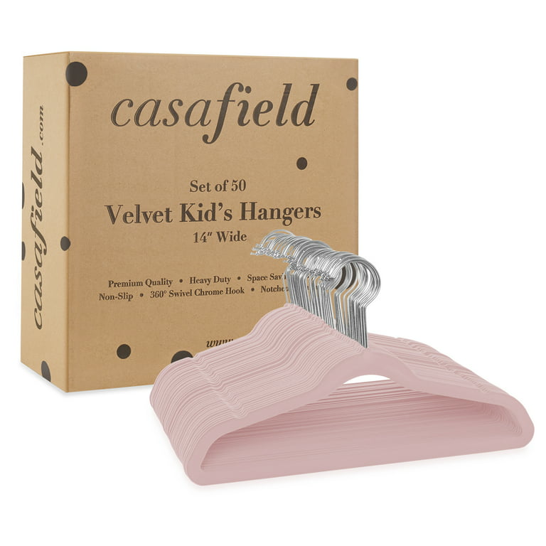 Casafield 50 Velvet Kid's Hangers for Children's Clothes, 14 inch - Light Pink