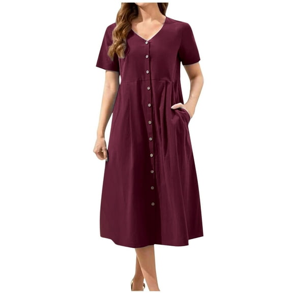 Usmixi Summer Dresses for Women Casual Solid Pocket Loose Swing Cotton Linen Button Shirt Dresses 2023 Short Sleeve V-Neck Plain Long Formal Dress Wine l