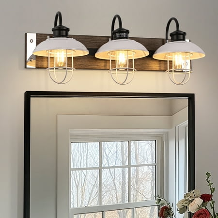 

YANSUN 24 inch 3 Light Chrome and Wood Grain Modern Unique Bell Vanity Light for Bathroom Kitchen with White Metal Shades
