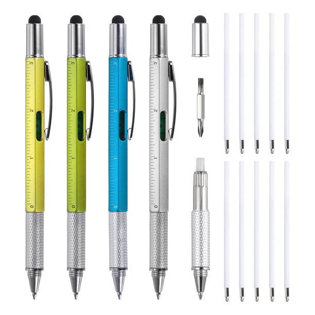 4 piezas 6 en 1 herramienta multifuncional bolígrafo regalos para hombres con bolígrafo, regla, destornillador, stylus, recargas, 4 colores
