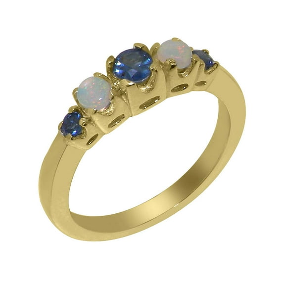 LBG British Made 14k Yellow Gold Natural Sapphire & Opal Womens band Ring - 33 size options - Size 10