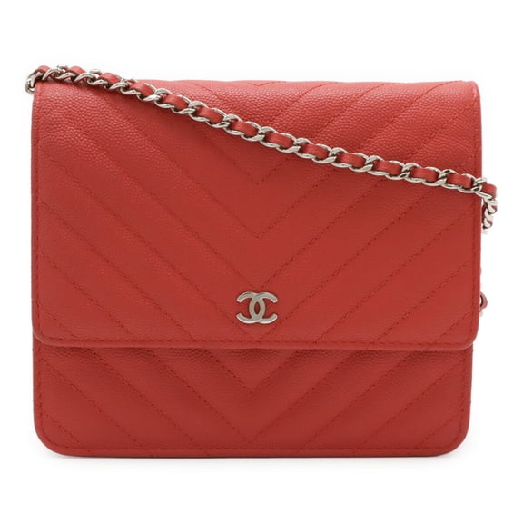 Pre-Owned CHANEL V-Stitch Chevron Chain Wallet Shoulder Bag Pochette Caviar Leather...