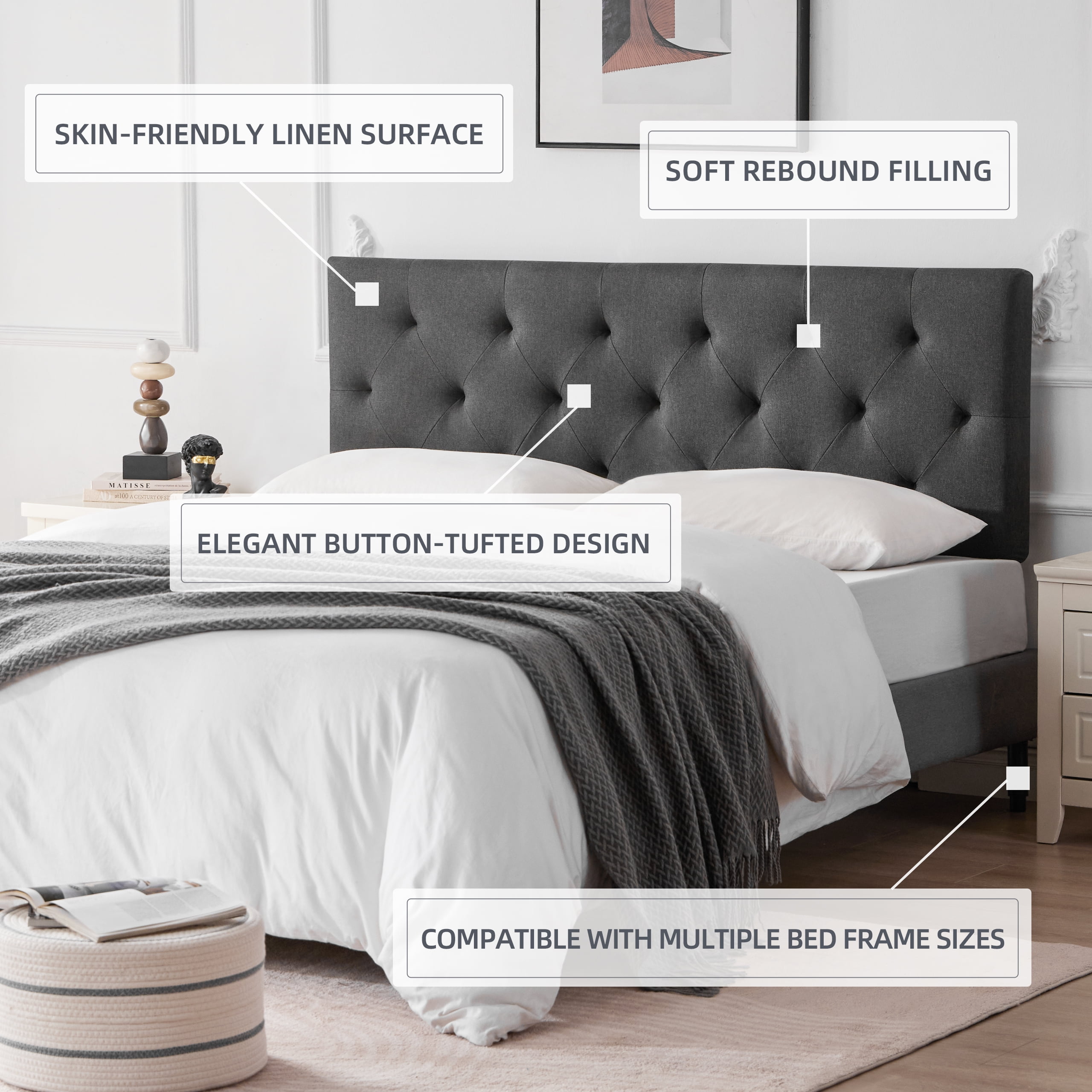 Weture Linen Upholstered King Size Headboard, Modern Panel, Dark Grey