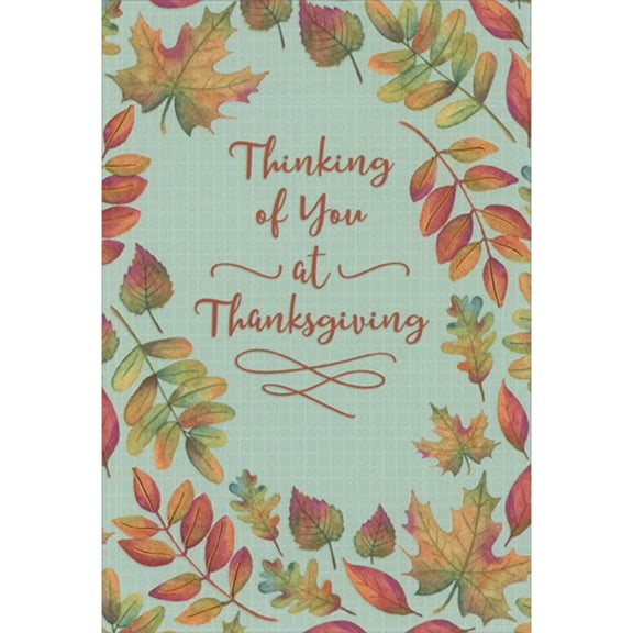 Designer Greetings Thinking of You: Green and Red Leaves Over Light Blue Grid Package of 8 Thanksgiving Cards