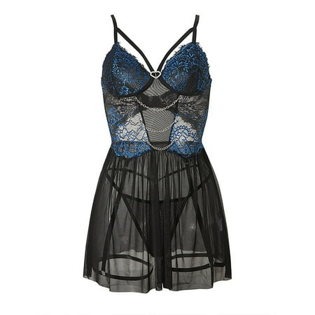 Oplxuo Women s Lace Embroidery Strappy Sexy Sheer Cami Nightgown with Thong Panty Teddy Babydoll Lingerie Nightwear