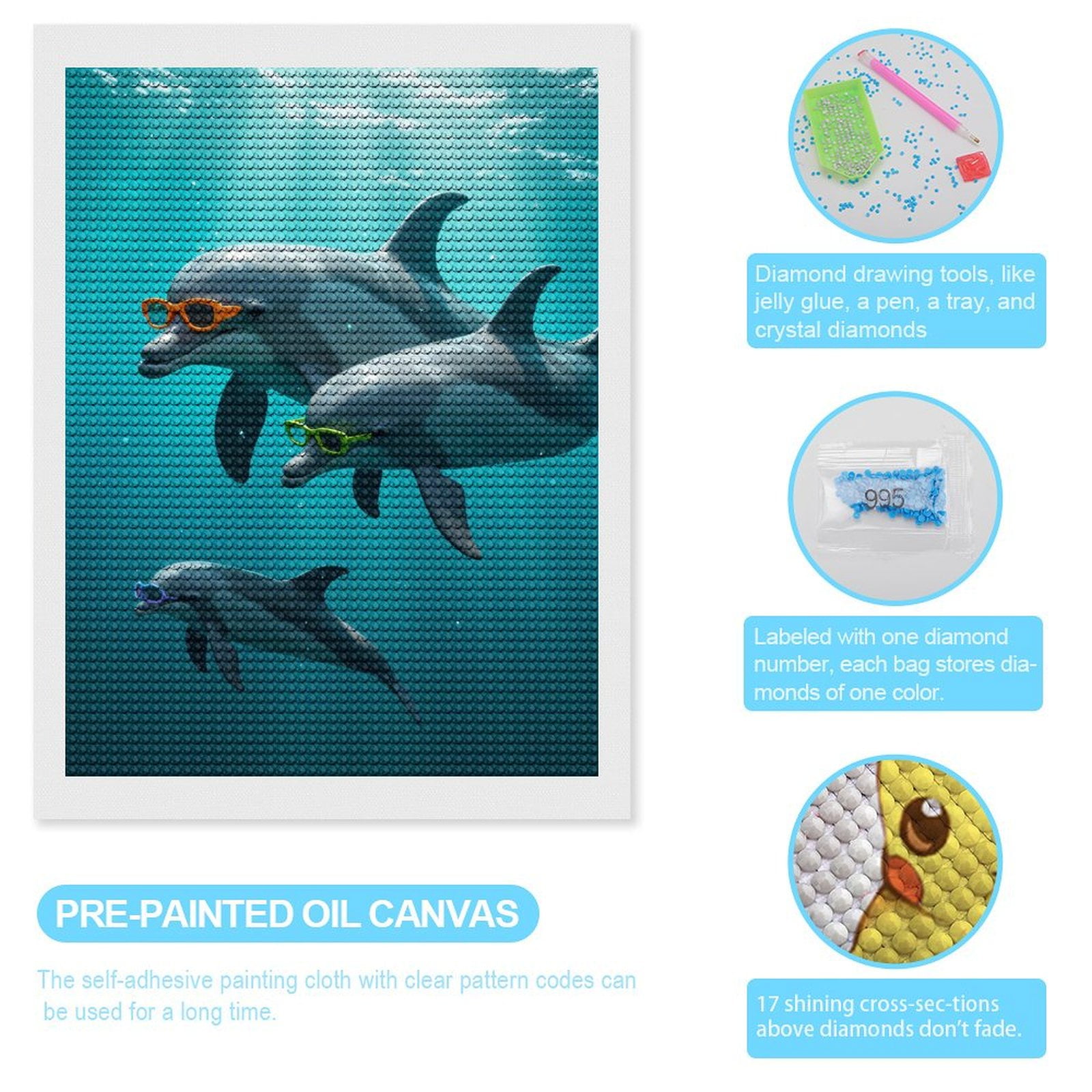 Diamond Art Kit for Adults, Dolphins Sunglasses Ocean Fun Diamond Painting for Adults Beginners, 5D DIY Diamond Art Painting Kits, Colorful Diamond Painting Craft for Home Decor 12x16