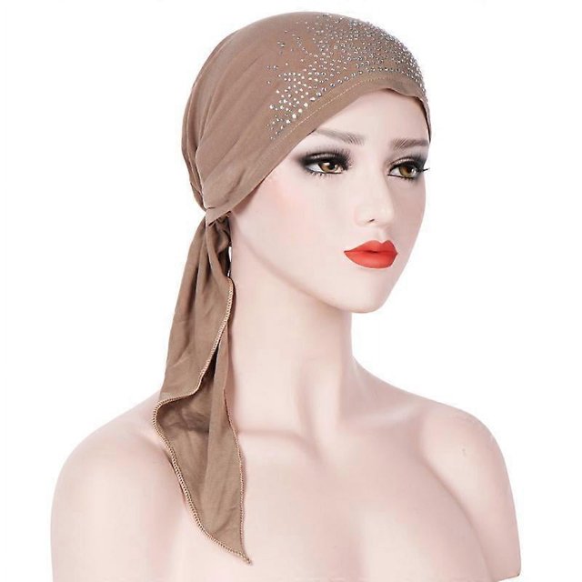 KAIYANG Turbante de algodón para mujer, sin tirantes, con diamantes de imitación, con correa de tiara de 56 a 58 cm (negro) y color caqui