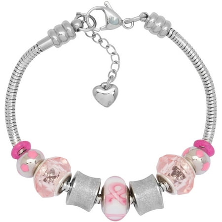 Charm Bracelet With Charms For Women, Stainless Steel, Fits Pandora Jewelry, Pink Awareness Ribbon, Glass Ribbon