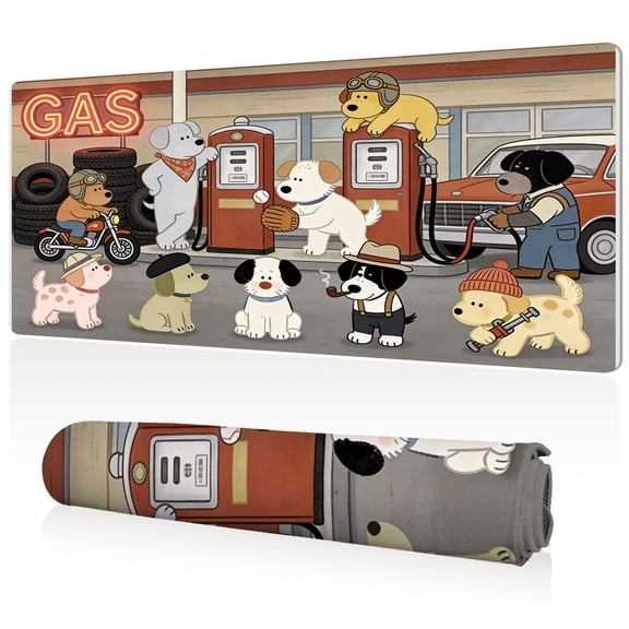 LIVEKEY XL Mouse Pad 80x40x0.3cm Dogs at Gas Station Art Non Slip Full Desk Coverage Durable Easy Clean Stitched Edges for Gaming and Office
