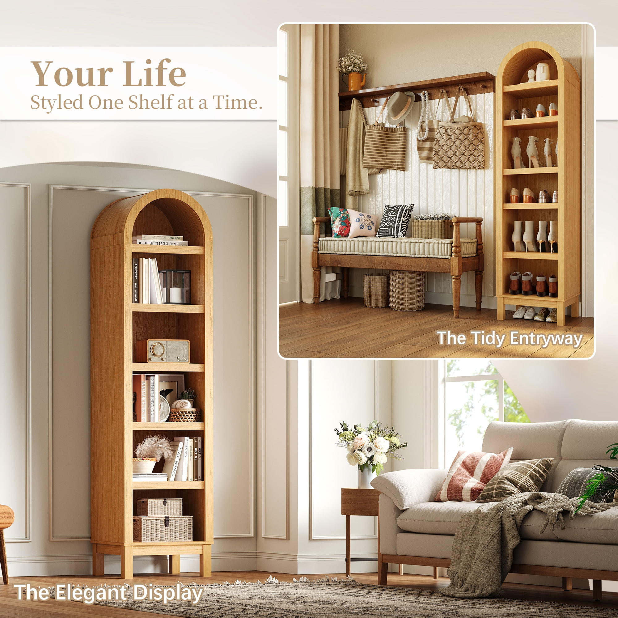 Kromapolis 6-Tier Arched Storage Bookcase with 2 Adjustable Shelves,Narrow Wood Bookshelf Open Display Shelves for Living Room,Entryway,Bedroom,Light Honey,Assembly Require