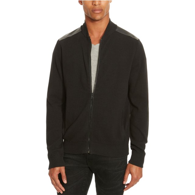 Kenneth Cole Mens Mixed-Media Sweater Bomber chamarra, negro, grande Kenneth Cole Chaqueta de bombardero