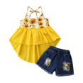thumbnail image 1 of PENGXIANG Toddler Girls Sunflower Clothes Set Sleeveless Sling Tops+Ripped Denim Shorts, 1 of 6