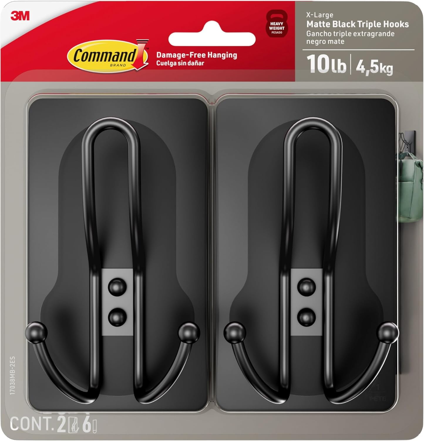 FEFEFW-X-Large Matte Black Triple Hook, 2 Hooks, 6 Strips, Damage-Free Hanging with Adhesive Strips, No Tools Wall Hook for Hanging Decorations in Living Spaces
