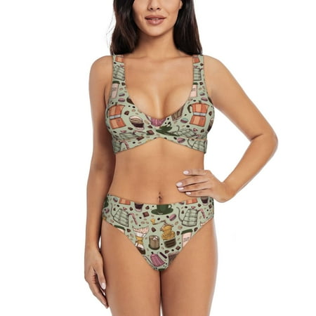 Kdxio Coffee Makers Macaroons Chocolate Print Women s 2 Piece High Waisted Wrap Spaghetti Strap Summer Swimsuit Bikini Set-X-Large