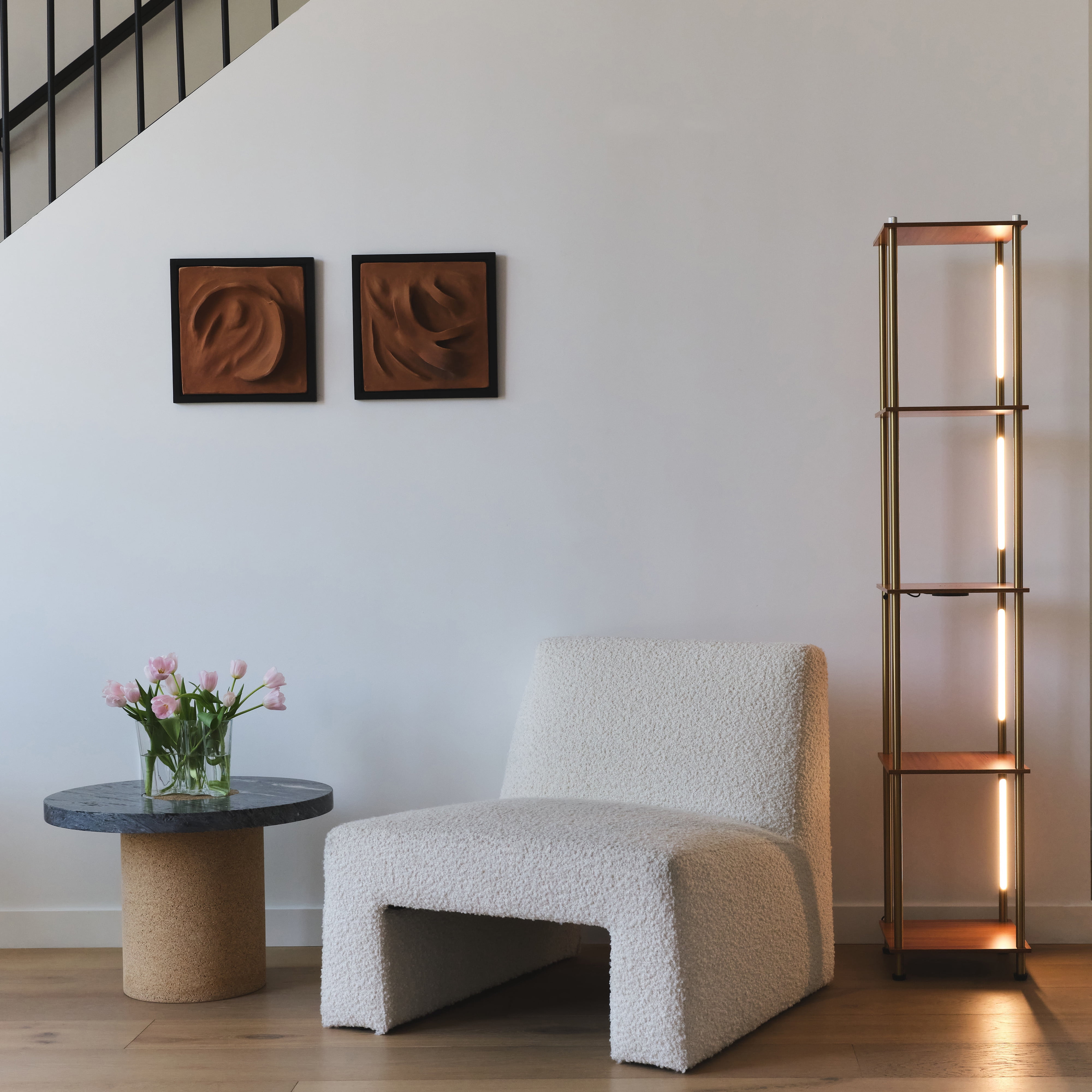 Brightech Aria Metal Shelf Floor Lamp with Wireless Charging Station– Narrow Free Standing Nightstand LED Lamp – Column Tower Stand Up Lighting for Living Rooms & Bedrooms – Gold/Brass
