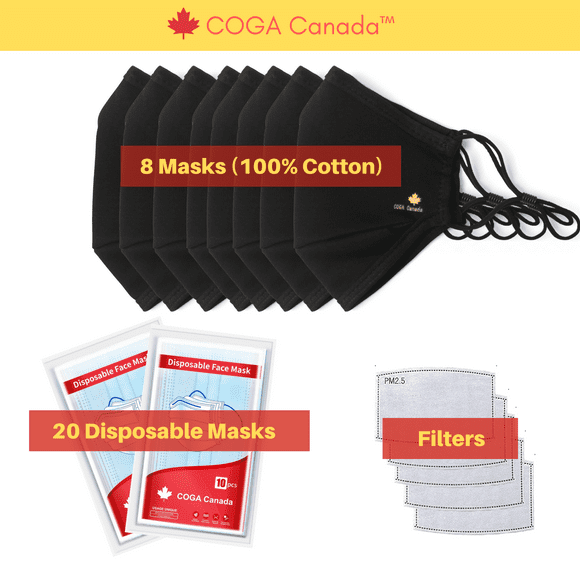 COGA Canada™ - Pack Combo Adulte (Noir) - Masques 100% Coton Réutilisables + Jetables + Filtres