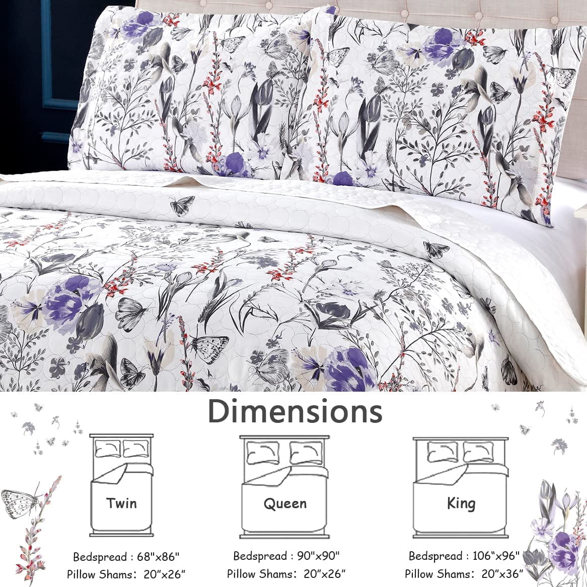 Jessy Home Twin Floral Quilt Lightweight Purple Butterfly Bedding Tulip Bedspread Coverlet