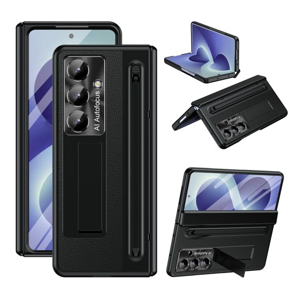 COAROVER PU Leather Hard PC Hybrid Case for Samsung Galaxy Z Fold8 with Stylus Pen Holder Built-in Screen Protector & Kickstand,Hinge Protection Cover,Black