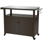 GLDF Outdoor Prep Table Grill Station, Solid Wood Movable Dining Cart Table, Dark Brown