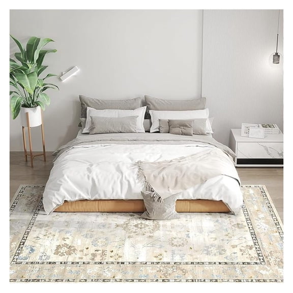 Machine Washable Area Rug, 6x9 Indoor Boho Rug, Non-Slip, Low Pile for Living Room, Bedroom, Dining Room, Kitchen, Home Office, Distressed Carpet for High Traffic Areas, Brown Blue