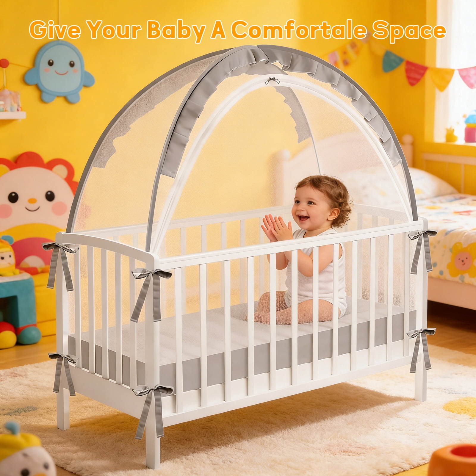 Baby Crib Tent, Pop Up Mosquito Crib Net with Double Zipper Self-Locked,1200 Holes/Inch Mesh to Keep Baby from Climbing Out, Portable Easy Install Mosquito Net 51.18" L x 27.56" W x 51.18" H