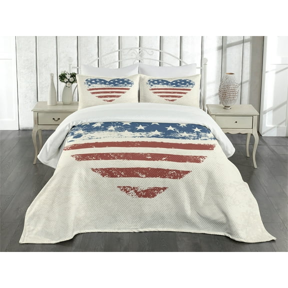Ambesonne Americana Quilted Bedspread Set 3 Pcs, Patriotic Flag USA, Queen Size, Blue Vermilion Cream