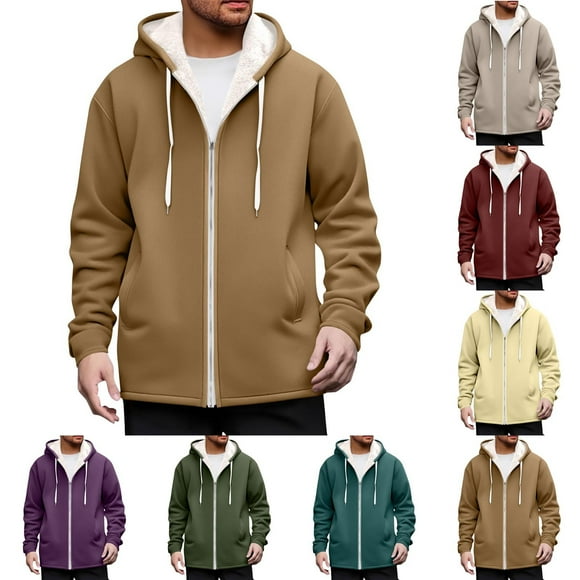 AnuYalue Mens Warm Jackets Fleee Lined Hooded Coats Casual Full Zip Long Sleeve Outerwear Soild Color Jacket with Pocket