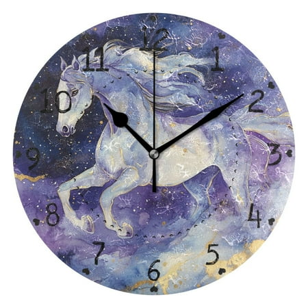 Watercolor Purple Horse Running Round Wall Clock Silent Analog Battery Operated Black Pointer Home Decor 9.84 Diameter