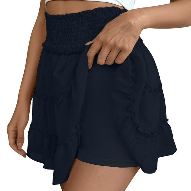 Spring Dresses for Women 2025 Solid Pleated Ruffle Skirt with Elastic Waist and Chafing Design Spring Dress Navy S