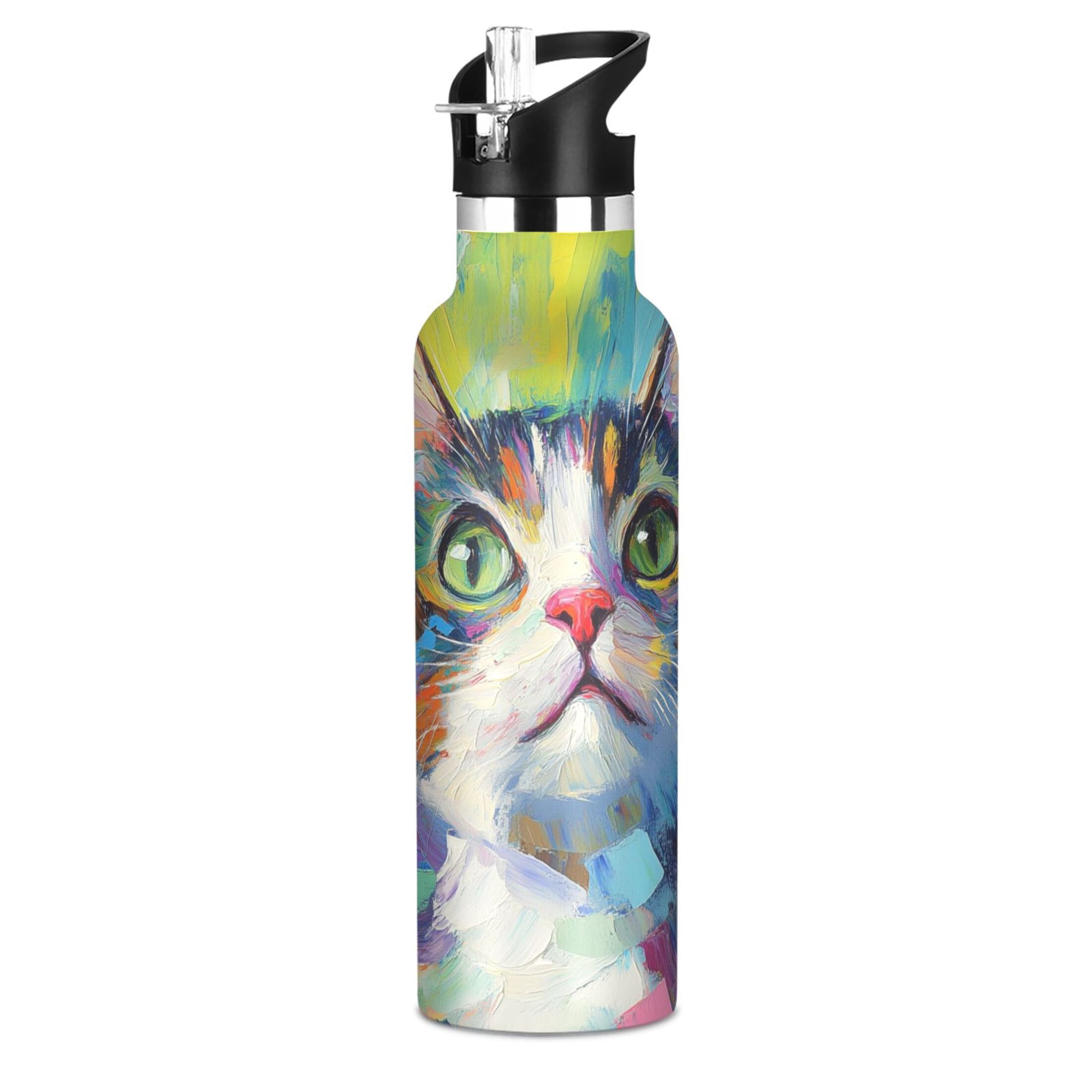 600ML Stainless Steel Insulated Cup Sports Water Bottle Portable Thermos Cup Water Glasses Insulated Tumblers Convenient and Durable Look Up Cat