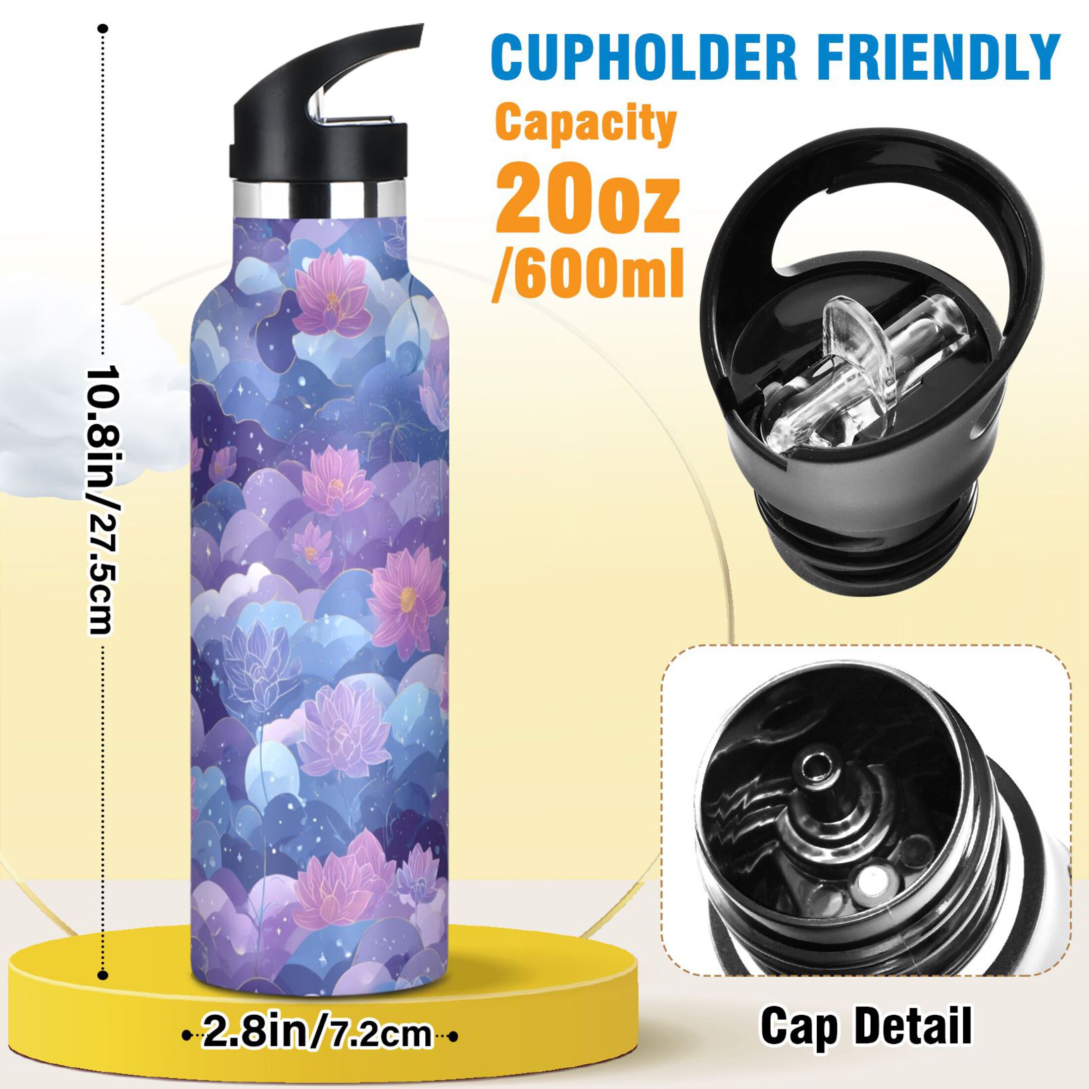 600ML Stainless Steel Insulated Cup Sports Water Bottle Portable Thermos Cup Water Glasses Insulated Tumblers Convenient and Durable Purple Flowers