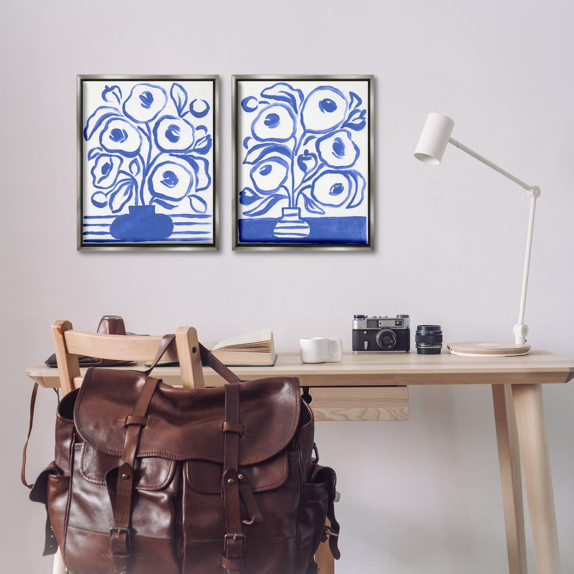 Stupell Industries Modern Blue Floral Vase Plants & Flowers Painting Gray Floater Framed Canvas Art Print Wall Art, 17 x 21, Set of 2