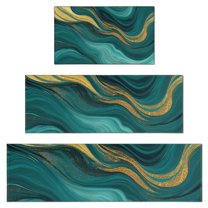 Teal and Gold Marble Glitter Waves Pattern Kitchen Rugs Sets Of 3,Kitchen Runner Rugs Non Skid Washable,Decorative Kitchen Floor Mats for Kitchen,Sink,Laundry,17"x30" 17"x47" 17"x59"
