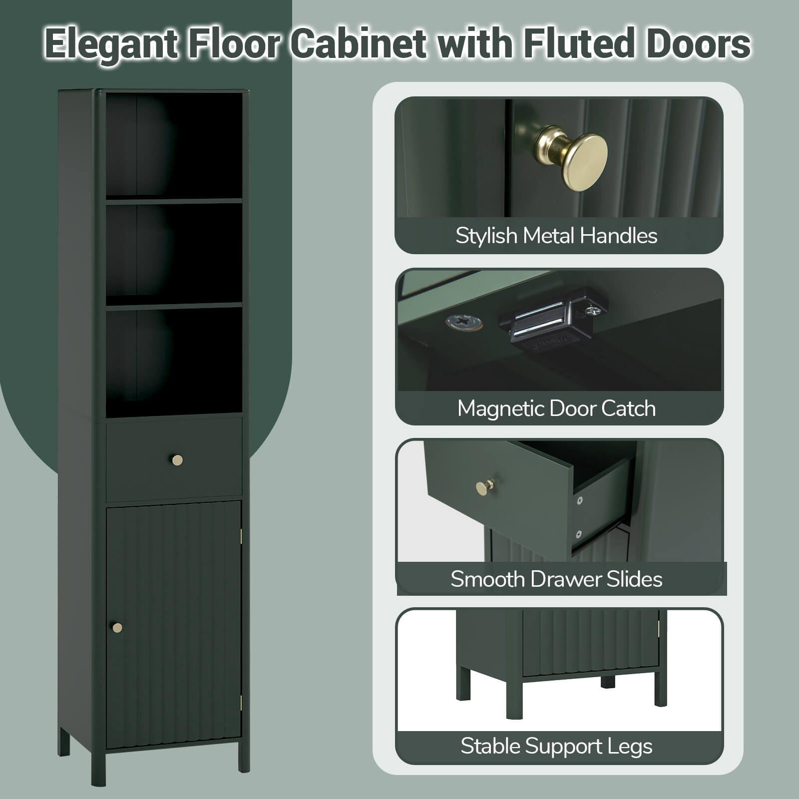 Costway 67” Tall Bathroom Cabinet with 3 Open Shelves, 1 Drawer, Adjustable Interior Shelf Green