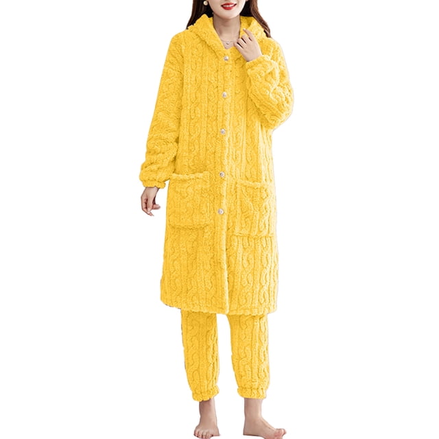 Timegard 2pc Pajamas Outfits for Women Fleece Hooded Button down V Neck Bathrobe with Pockets Fuzzy Warm Cinch Bottom Pants Loungewear Sets