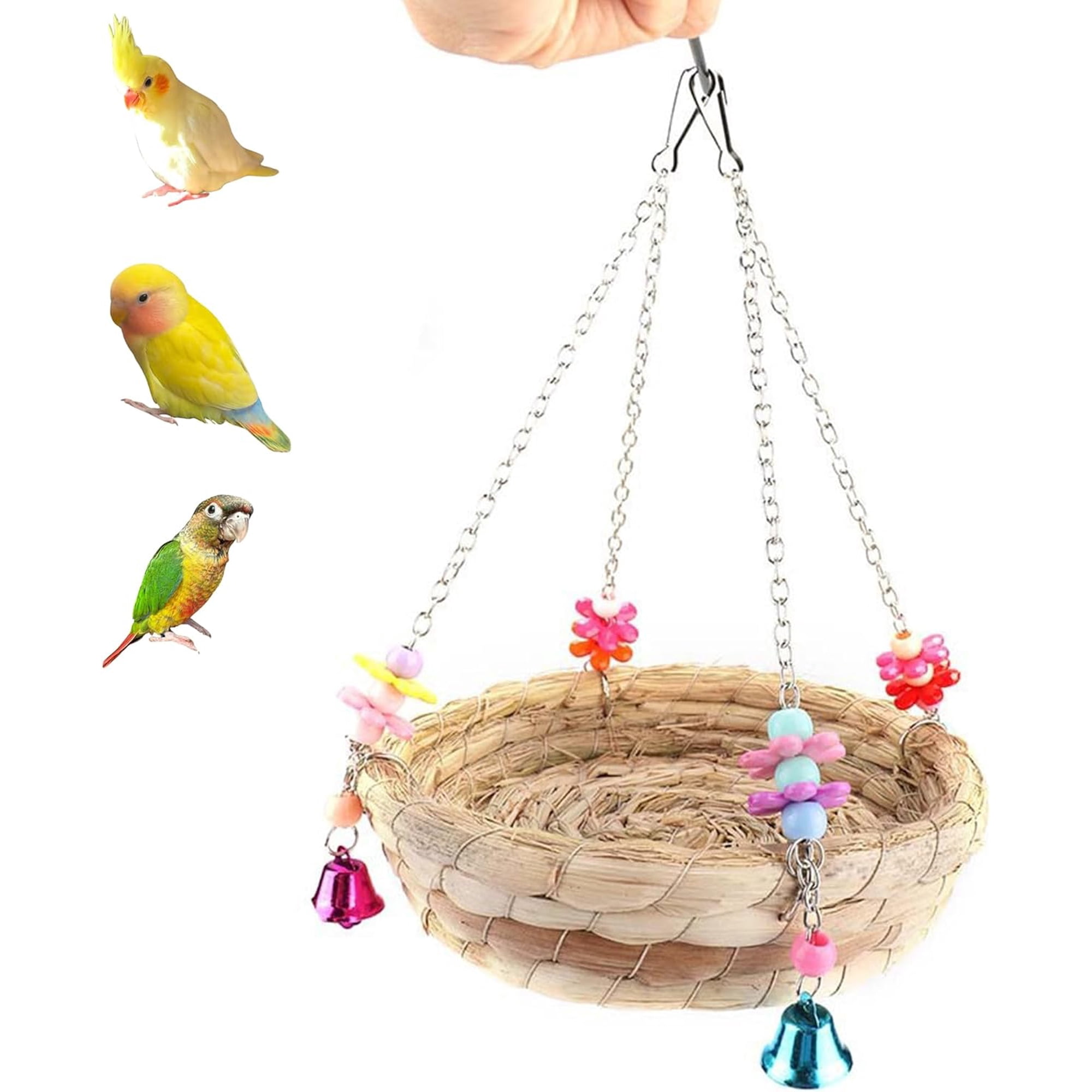 Bird Nest Swing Bed: Woven Straw Swing Toy with Bell for Parrot Parakeet Cockatiel African Grey Cockatoo Conure Budgie Canary Lovebird Finch Cage Accessories, Bird Bed for Cage