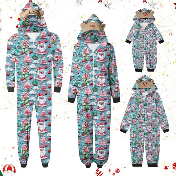 Odeerbi Christmas Onesie Pajamas for Family Holiday Sleep Jumpsuit Long Sleeve Family Christmas Pajamas Matching Sets Dad Fashion Lattice Print Plush Jumpsuit Sleepwear PJs Set Blue