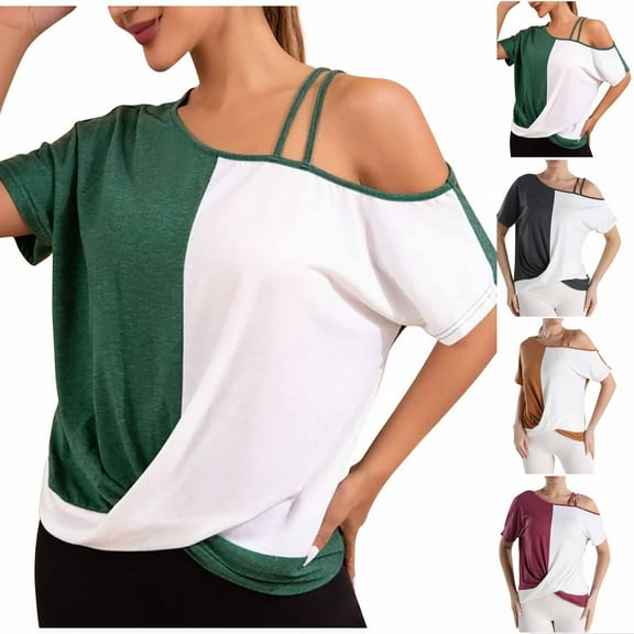 Olyvenn Stylish T Shirts for Women Twist Knot Color Block Loose Fit Cold Shoulder Tops for Women Fashion Loose Wrap Cute Going Out Tunic Shirts Green 12