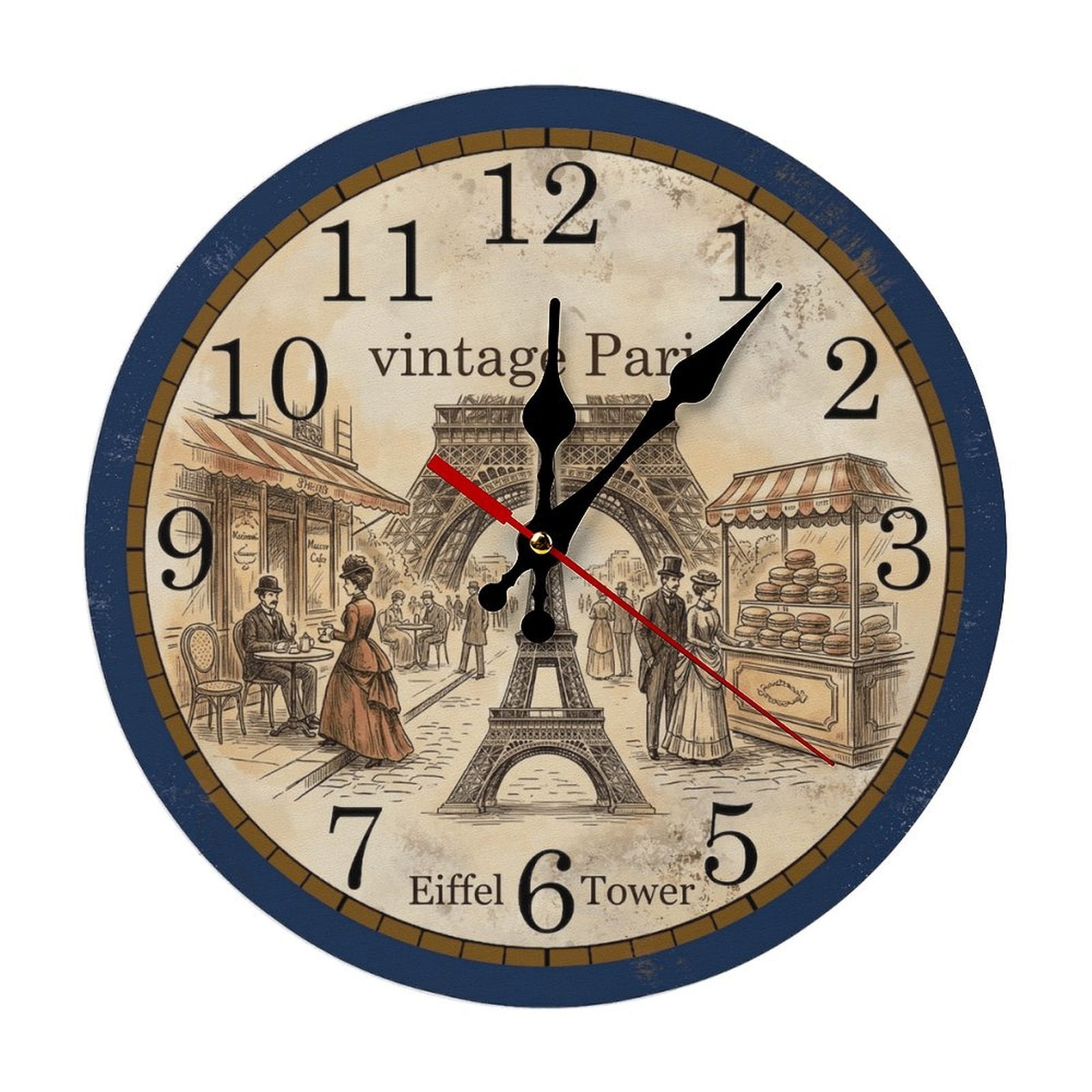 Paris Eiffel Cafe Durable Wooden Analog Wall Clock, Silent Sweep Clock for Living Room & Office