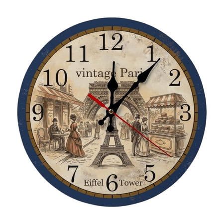 Paris Eiffel Cafe Durable Wooden Analog Wall Clock, Silent Sweep Clock for Living Room & Office