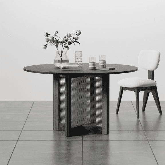 MAYEERTY 52"×52"×30" Black Rattan Woven Round Dining Table - Compact for Small Dining Spaces