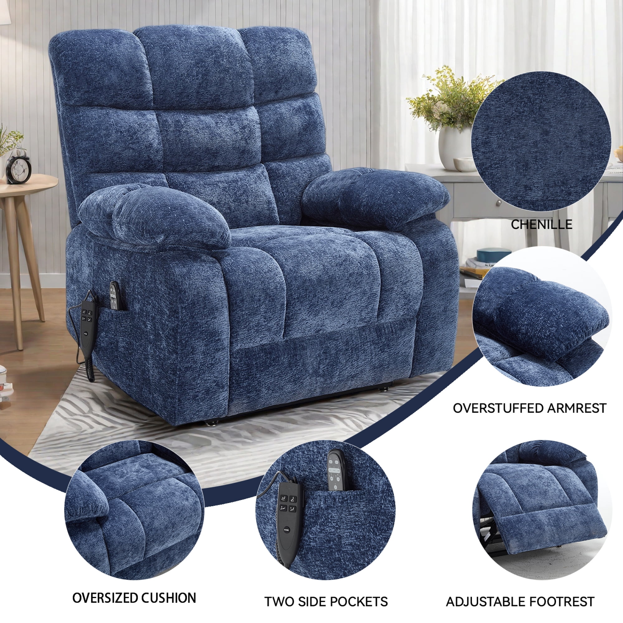 Leumius Large Power Lift Recliner Chair for Elderly,Heavy Duty Chenille Recliners with Massage and Heating for Living Room,Navy Blue