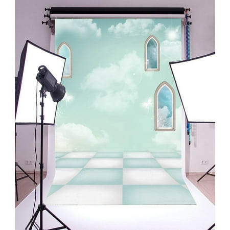 Image of 5x7ft Photography Backdrop Fantasy Blue Sky Background White and Blue Tile Floor Windows Scene Photo Background Children Baby Adults Portraits Backdrop Azure Room for Compositions