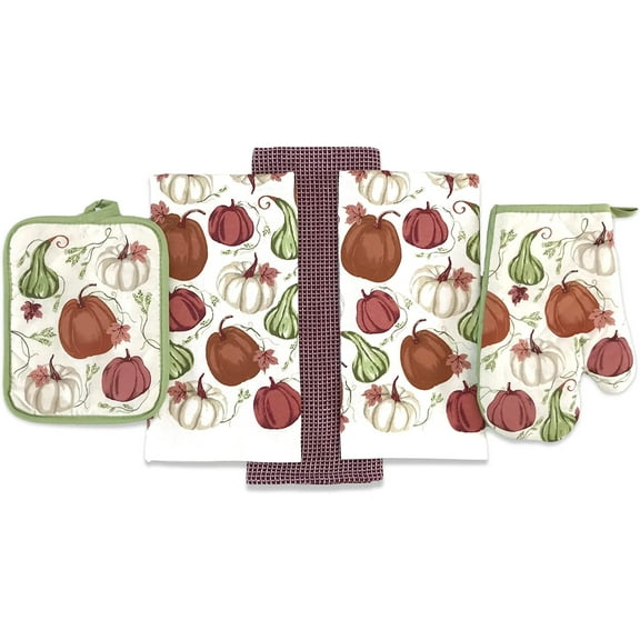 Serafina Home Farmhouse Fall Decor Kitchen Towels and Pot Holder Set: Colorful Wine Red Green Burnt Orange and White Pumpkins 5 Piece Set