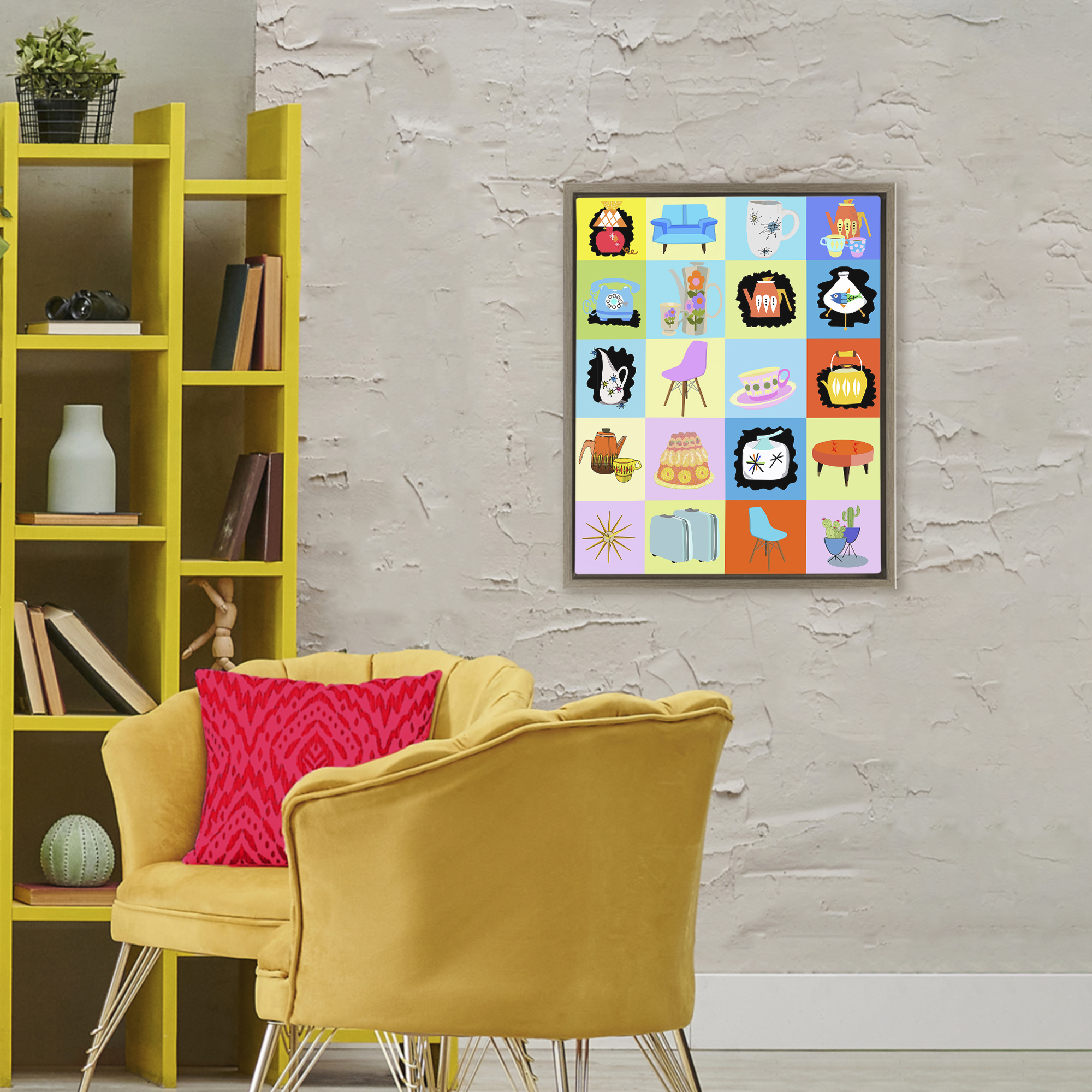 Retro Vintage Vignettes Brown Framed Floater Canvas Wall Art, design by Lynnda Rakos