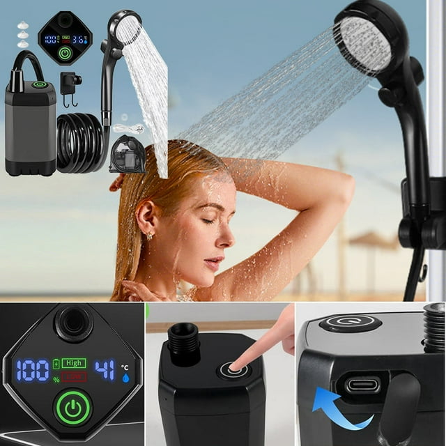 Pompe de Douche de Camping Portable Rechargeable avec Batterie 6000 mAh, Écran LED et Filtre à Eau pour Douches Extérieures, Randonnée et Sorties à la Plage