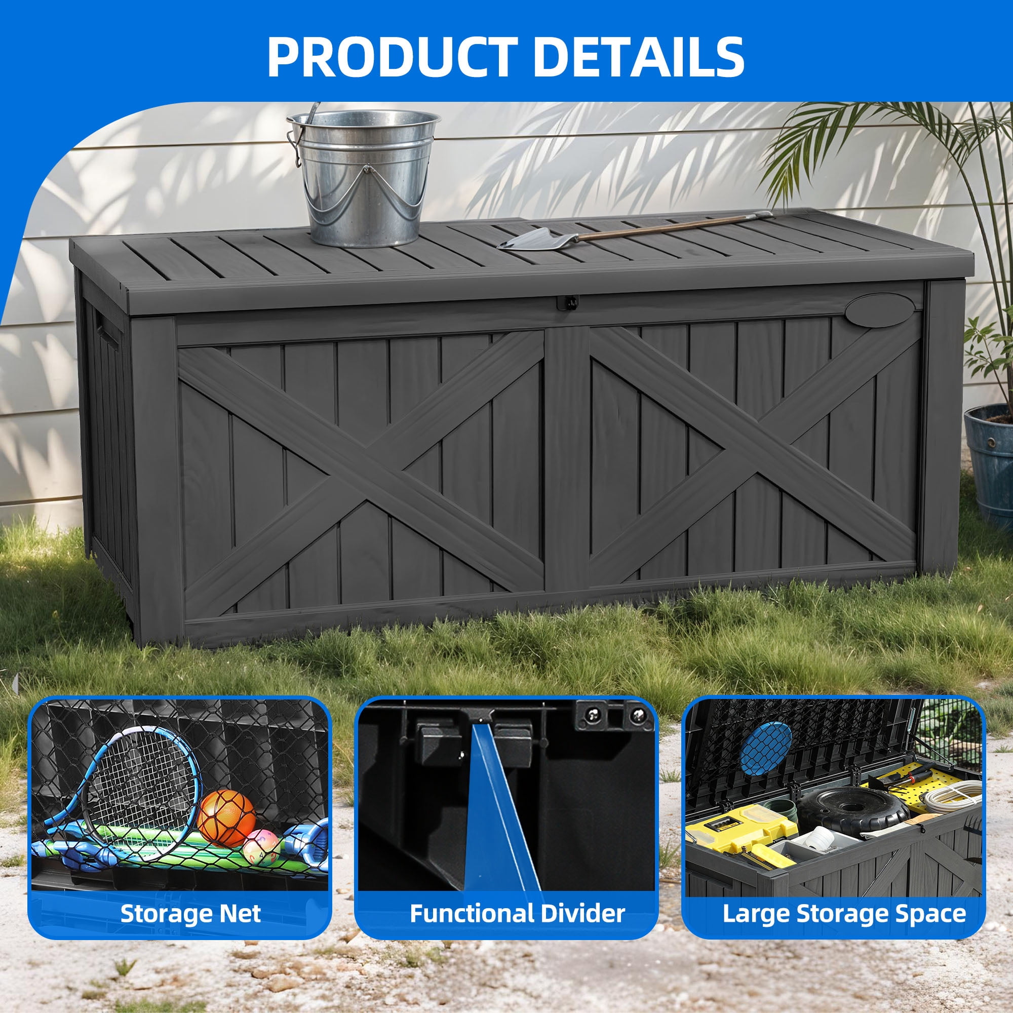 Uforic 120 Gallon Large Outdoor Deck Box, Outdoor Resin Storage Boxes  with X-Shaped Front ,Waterproof & Lockable,Dark Gray