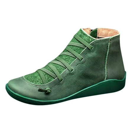 Tangnade Casual Shoes Womens Casual Flat Leather Retro Lace-up Boots Side Zipper Round Toe Shoe Boots
